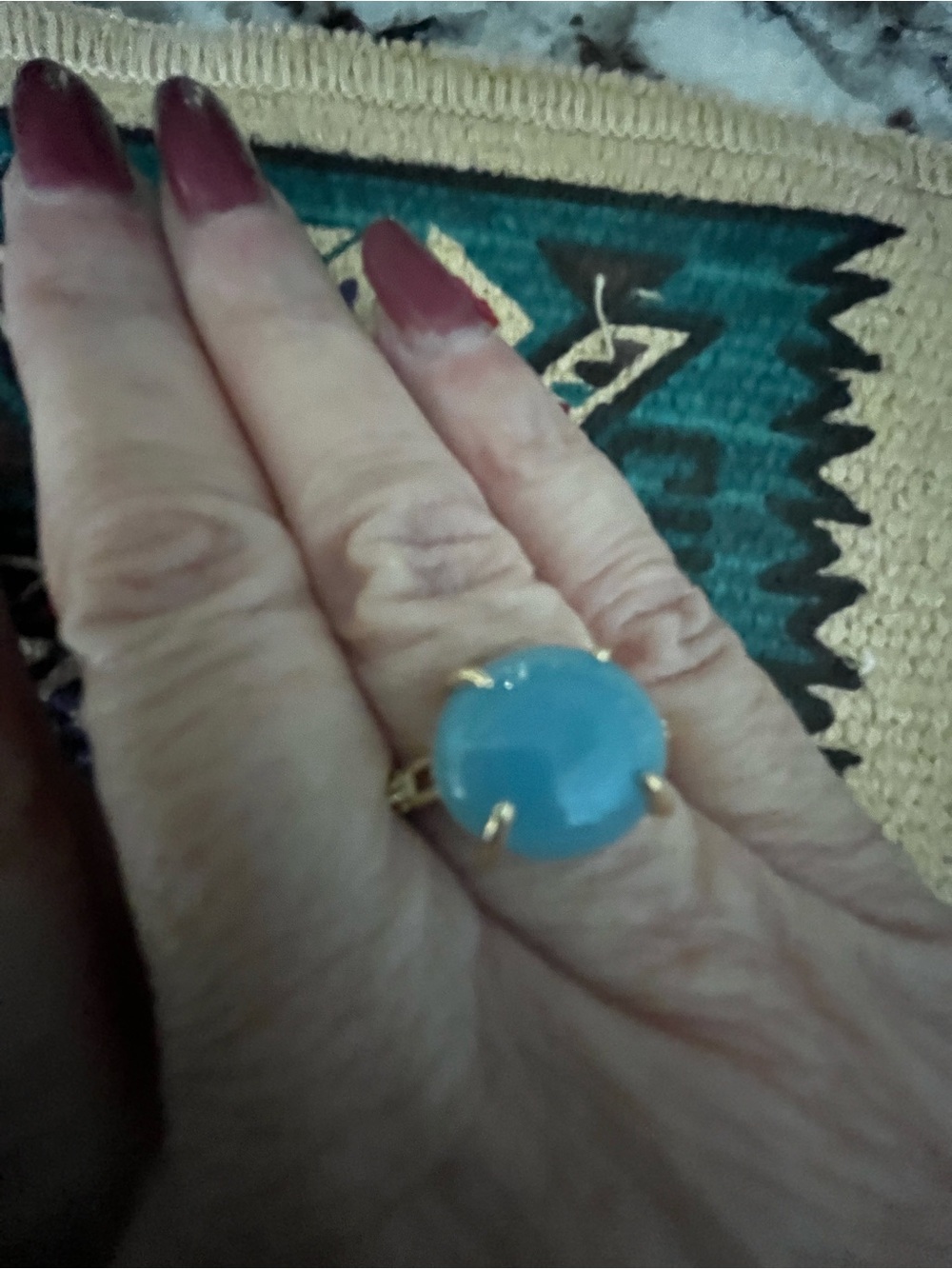 Gold-tone Ring with synthetic Blue Chalcedony Cabochon